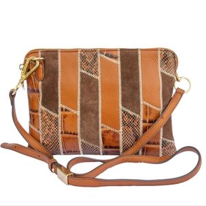 G.I.L.I. Brown Italian Leather Embossed Snake Print Patchwork Crossbody Bag
